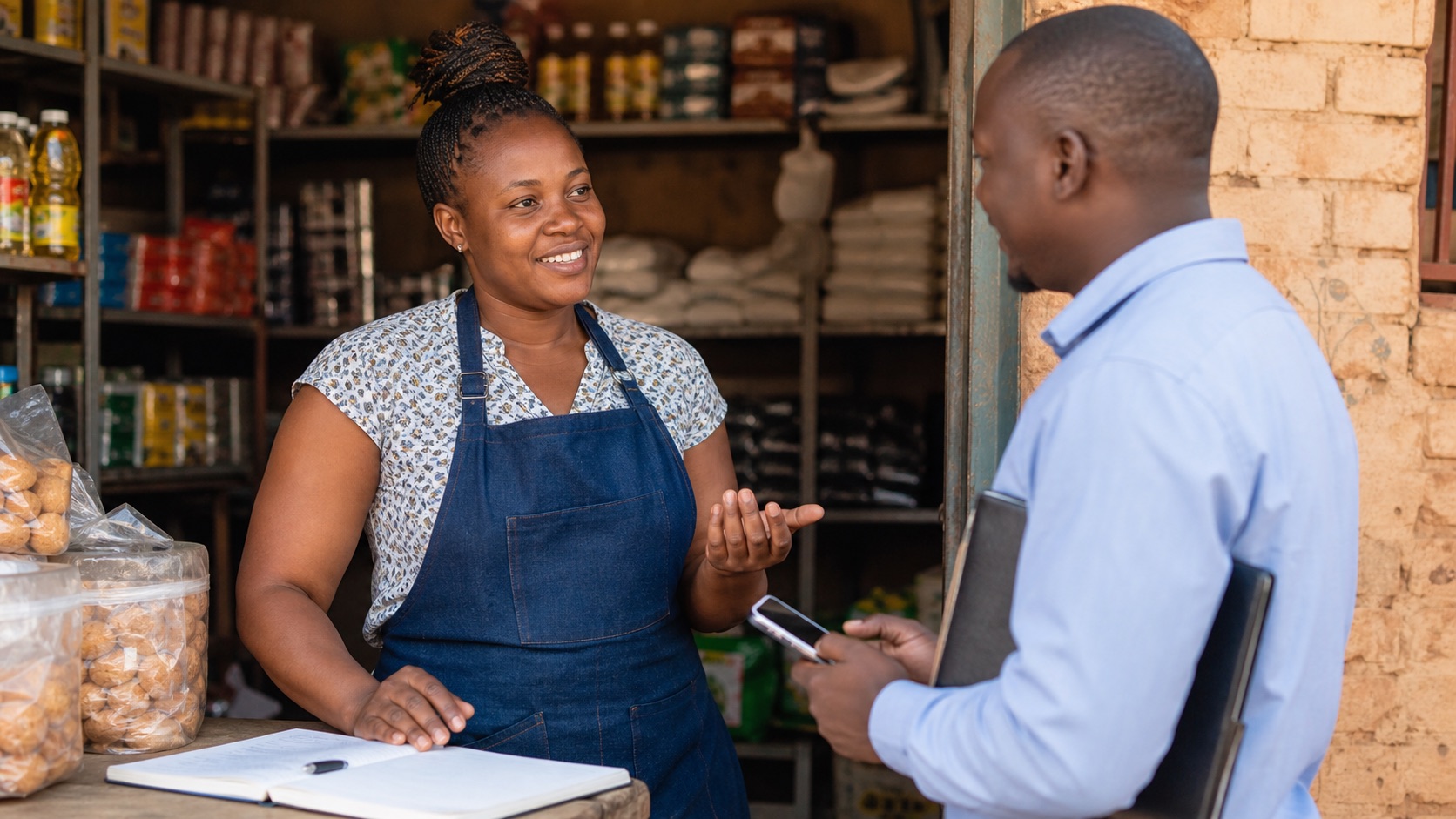 Zimbabwean informal business owner discussing a loan with a Click Easy finance officer