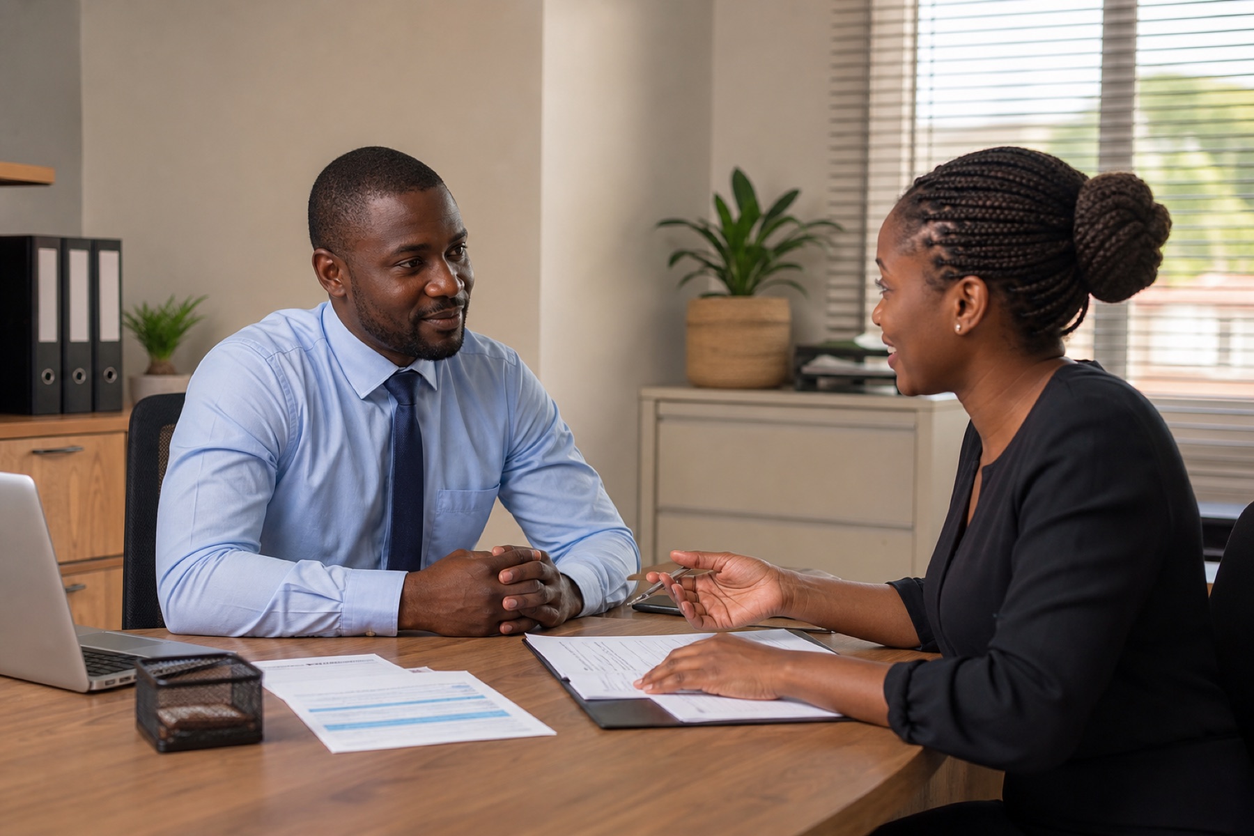 Zimbabwean salaried employee discussing a loan application in an office