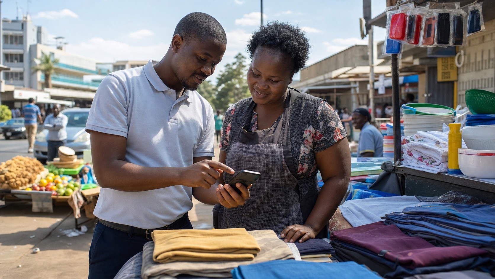 Zimbabwean informal market vendor reviewing loan information